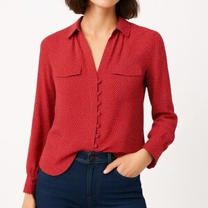 Maeve Anthropologie Red Polka Dot Blouse Button Front Classic Preppy XS